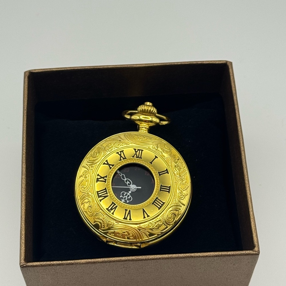 Gold Pocket Watch with Black Dial